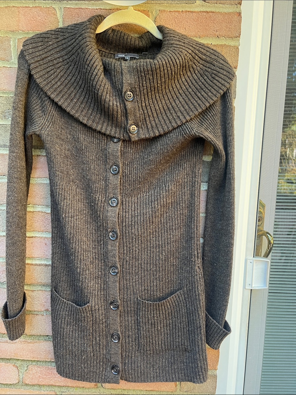 Vince Dark Brown Ribbed Button-Up Cardigan with Wide Fold Collar